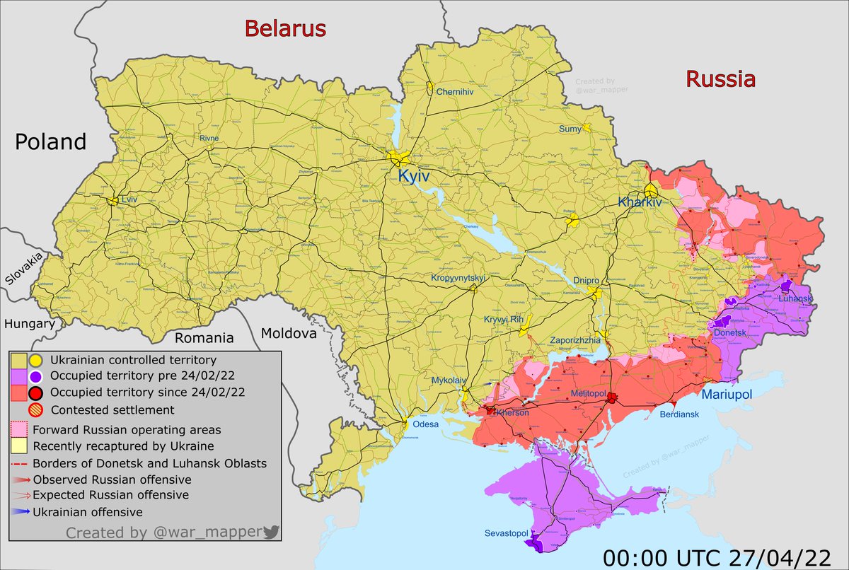 Карта боевых действий: Карта боевых действий. Украина 27 апреля 2022 год