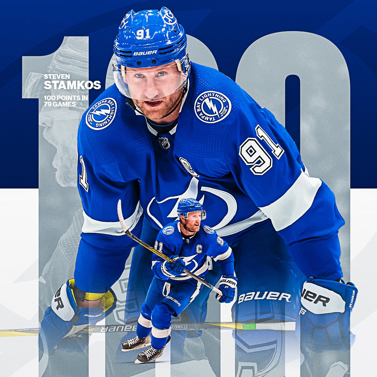 NHL's tweet photo. For the first time in his career, Steven Stamkos (@RealStamkos91) has reached the 100-point plateau! 🙌 https://t.co/s01NEATo0F