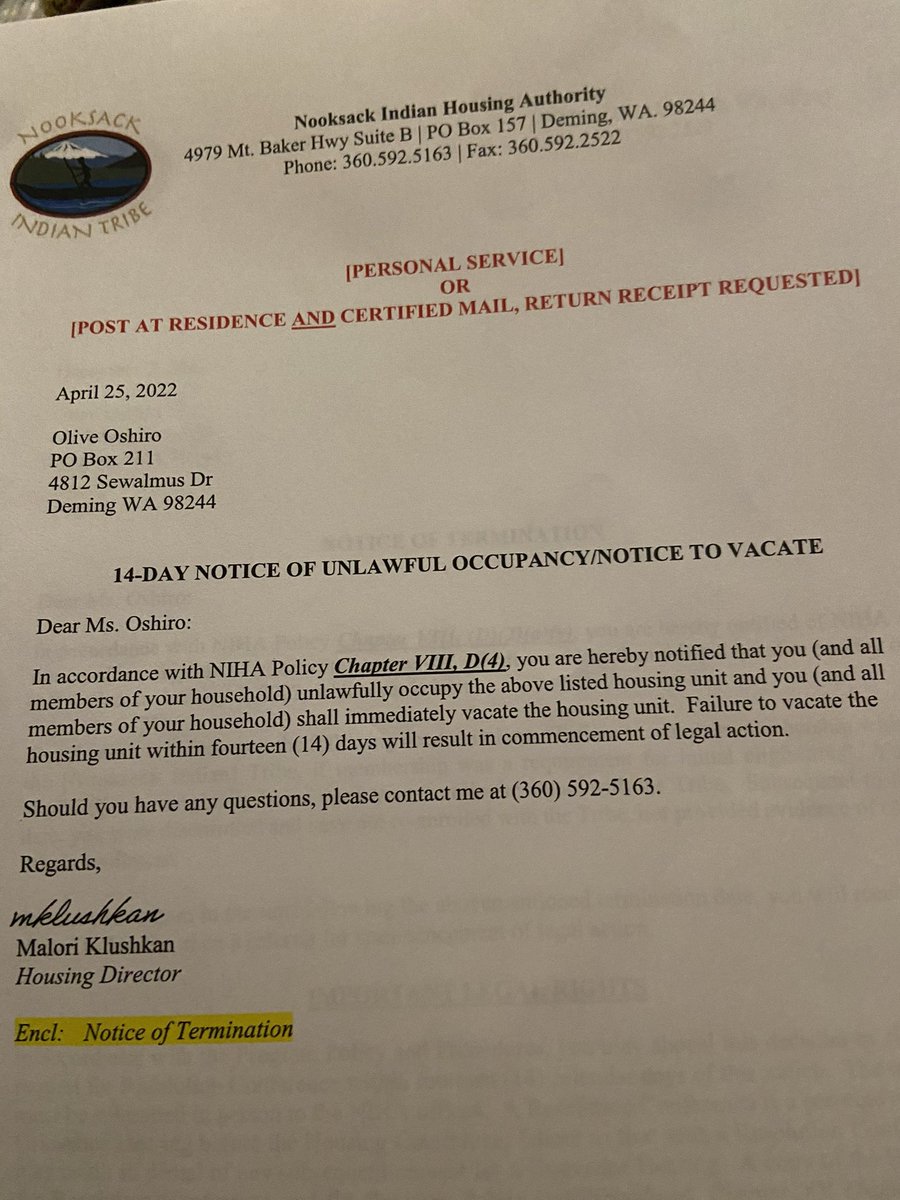 Nooksack police are back at <a href="/nooksack306/">The Nooksack 306</a> doorsteps. Tonight Olive Oshiro, age 86, was served with a 14-day notice to vacate.