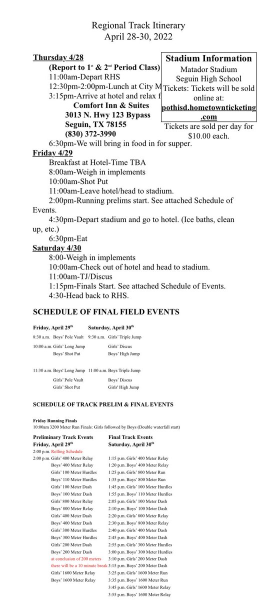RCISDTRACK's tweet photo. Here is the information for the Regional Track Meet in Seguin.  On Thursday, the athletes should report to 1st and 2nd period classes, then report to the locker room.  All region bound athletes were given a paper copy of the itinerary today.  The bus is leaving at 11:00am. https://t.co/OflxSykFRg