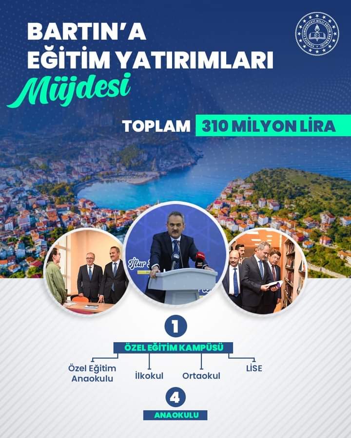 Milli Eğitim Bakanımız Sayın Mahmut Özer"den İlimize 310 Milyon Liralık Eğitim Yatırımı Müjdesi 
<a href="/tcmeb/">Millî Eğitim Bakanlığı</a> <a href="/OuzhanACAR7/">Oğuzhan ACAR</a>
Ayrıntılar ⤵️
bartin.meb.gov.tr