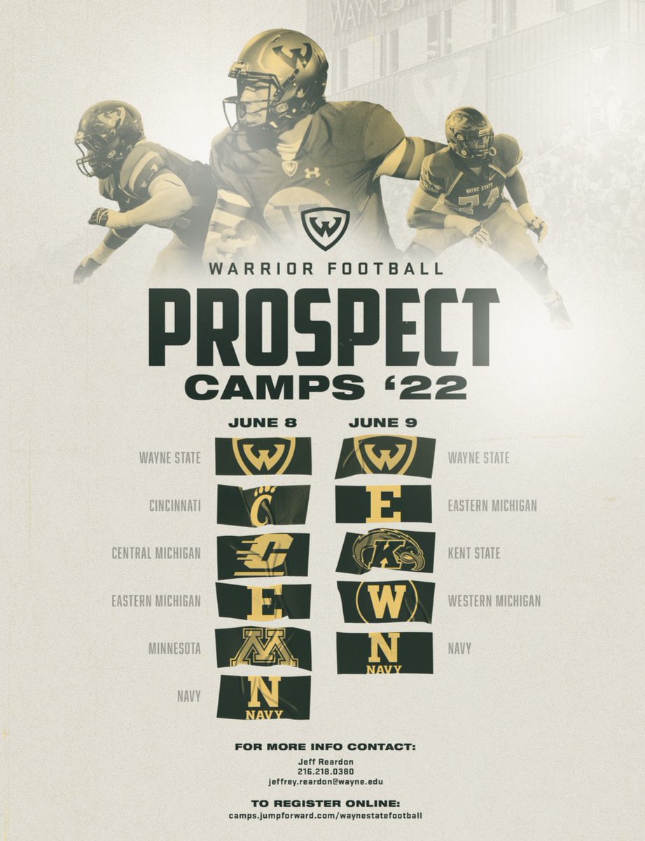 This year's prospect camps are gearing up to be even bigger! Don't wait, sign up today!! ⬇️⬇️⬇️ camps.jumpforward.com/waynestatefoot… #OneWarrior 🔰