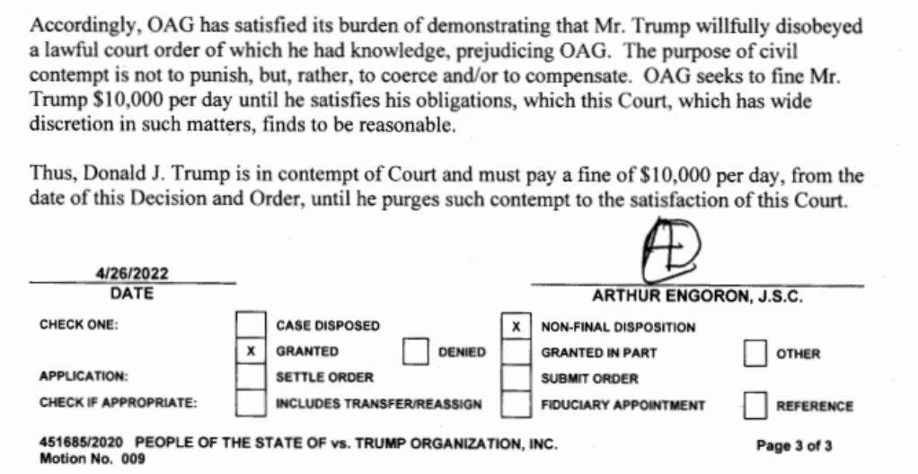 KlasfeldReports's tweet image. New—

A written order formalizing Donald Trump's contempt of court has been released. 

The $10,000 a day fine will accrue "until [Trump] purges such contempt to the satisfaction of this Court." 

ICYMI: lawandcrime.com/high-profile/b…