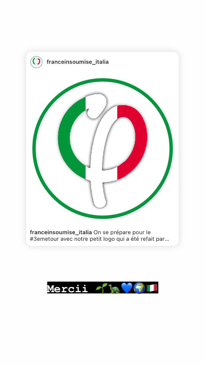 Je nous ai fait un nouveau petit logo pour les insoumis d’Italie 🇮🇹💙🌍🐢🙌🔥 Même dans notre Circo à l’étranger on se mobilise à fond ! La lutte continue ! ⚡️🌈 #FranceInsoumise #3emeTour #Followbackinsoumis #UnionPopulaire