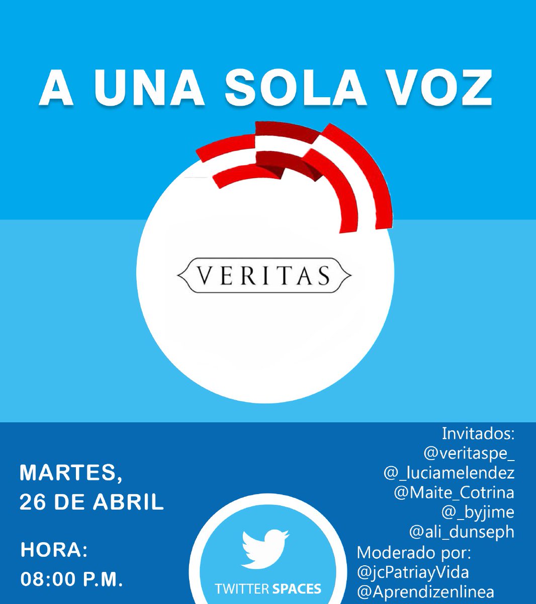 Aprendizenlinea's tweet photo. ¡Hola es hoy!
Nuestro space de éste día es con Veritas @veritaspe_  en #AUnaSolaVoz conversamos con Maitechu @Maite_Cotrina Jimena @_byjime y Alison @ali_dunseph  jóvenes provida. Te esperamos a las ⌚ 8:00pm... Administra @jcPatriayVida moderador @Aprendizenlinea 
¡Nos vemos! https://t.co/ZLk6CSgEPC