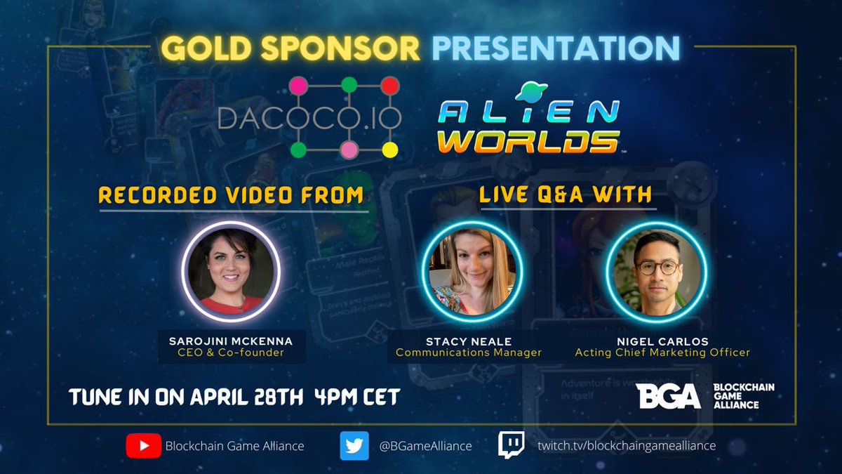 🗣I’ll be answering questions from the community with our CMO Thurs. for @BGameAlliance’s presentation by @AlienWorlds!

Tune in 4PM CET on #BGameAlliance’s YouTube or Twitch!

#P2E #blockchaingaming #crypto #NFT #AWmetaverse