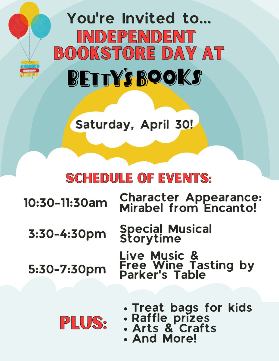 BettysBooksSTL's tweet photo. Come on down this Saturday, April 30th to celebrate Independent Bookstore Day with us! Check out all the exciting stuff we have going on below. 👀👇 Bonus points: post about us with the tag #indiebookstoreday to get entered into our raffle. https://t.co/1BsyrrWp44