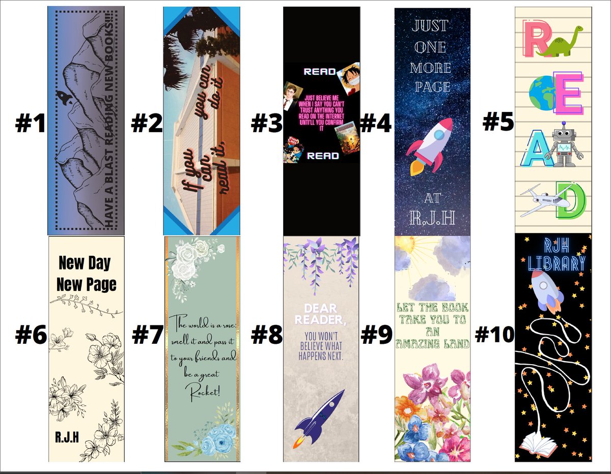 Students used <a href="/canva/">Canva</a> to design RJH bookmarks for our #SchoolLibraryMonth bookmark design contest! I cant wait to use one for my future reads! Which one will become the official RJH Library bookmark for the 22-23 school year?