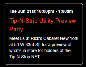 TipNStrip's tweet photo. Look what we found on the @NFT_NYC website! Are you going to be attending #NFTNYC2022? ๐#nft #tipNstrip #Utlility #NFTs #NFTProjects #party $RICK https://t.co/4mYA7EzyXh