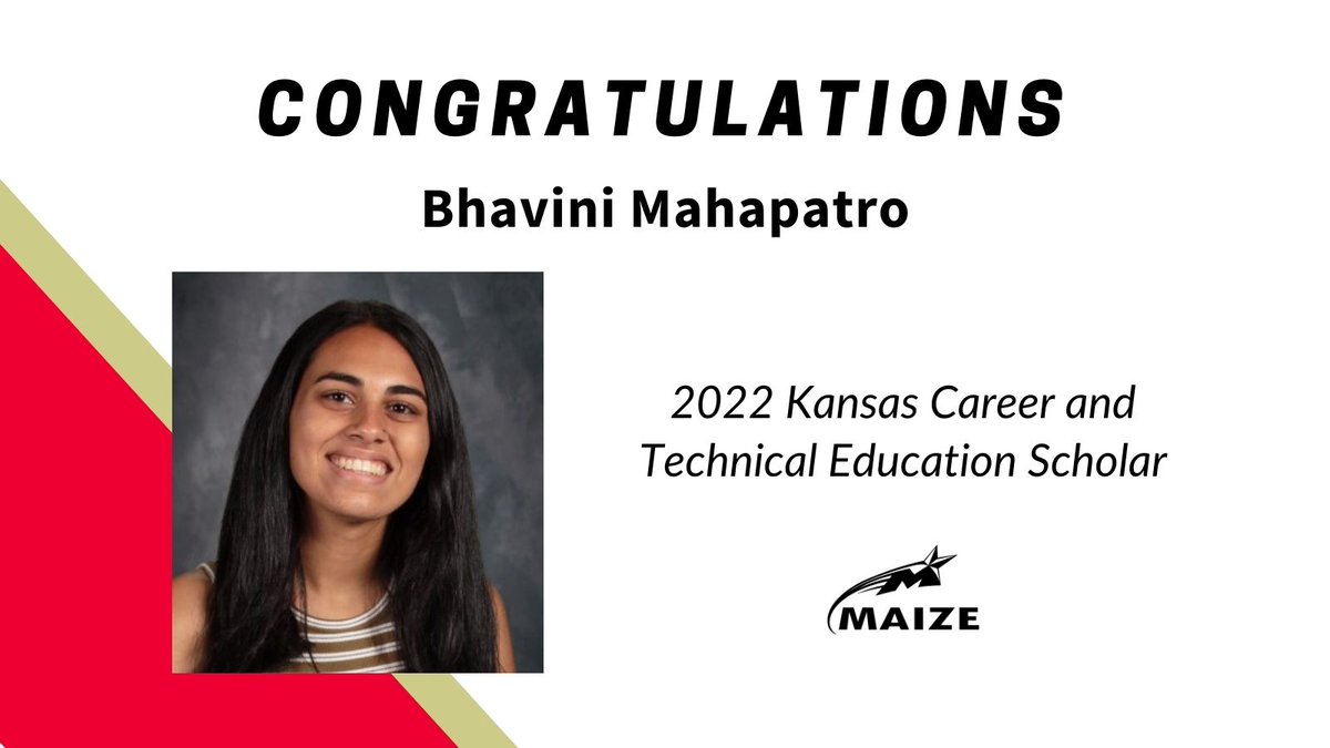 Congratulations to Maize High School senior Bhavini Mahapatro for being named a 2022 Kansas Career and Technical Education (CTE) Scholar. She was one of 141 Kansas high school seniors to receive this recognition. Congrats, Bahavini!
#OneMa1ze  #OneMa1zeCares