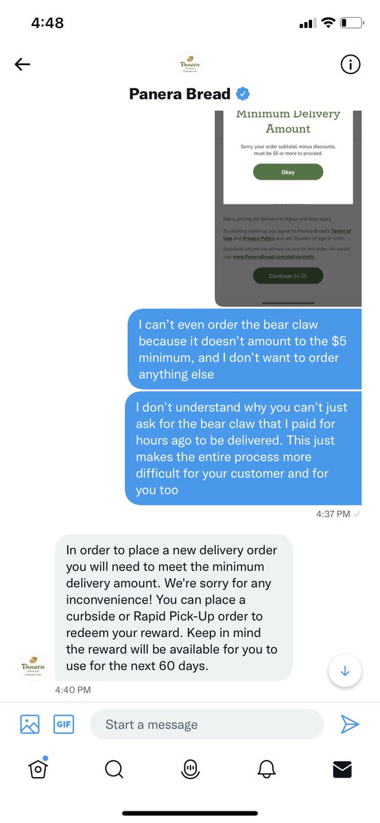aleguillen's tweet photo. @askpanera doesn’t deliver my full order, has no way of solving this problem bc “don’t have drivers”. Their solution is for me to spend more than I want to so I can use the “reward” they sent me (my refund), or to go pick up my order myself (what I wanted to avoid to begin with) https://t.co/jQOgA7JD26