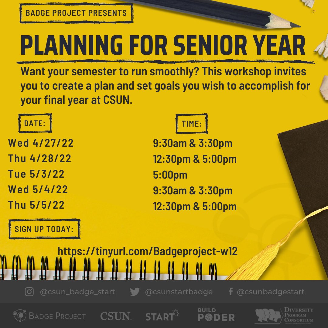 csunstartbadge's tweet photo. Tomorrow is the start of our senior year workshop! Have you signed up? #linkinbio #joinus #planning #senior #year #workshop #STEM #transfer #major #badgeproject #HERECenter #STARTOffice https://t.co/B184LqVvMj