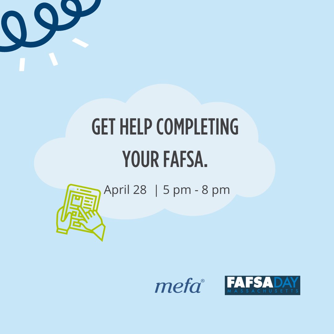 FAFSADayMA's tweet photo. Join us for this *free* virtual event, hosted by volunteering financial aid professionals from colleges and universities across New England!
Register at: https://t.co/axu4WSzrMI

#fafsa
#fafsahelp
#federalstudentaid
#FAFSAform
#fafsausa 
#fafsama 
#fafsaday 
#financialaid https://t.co/07JBQEkzAv