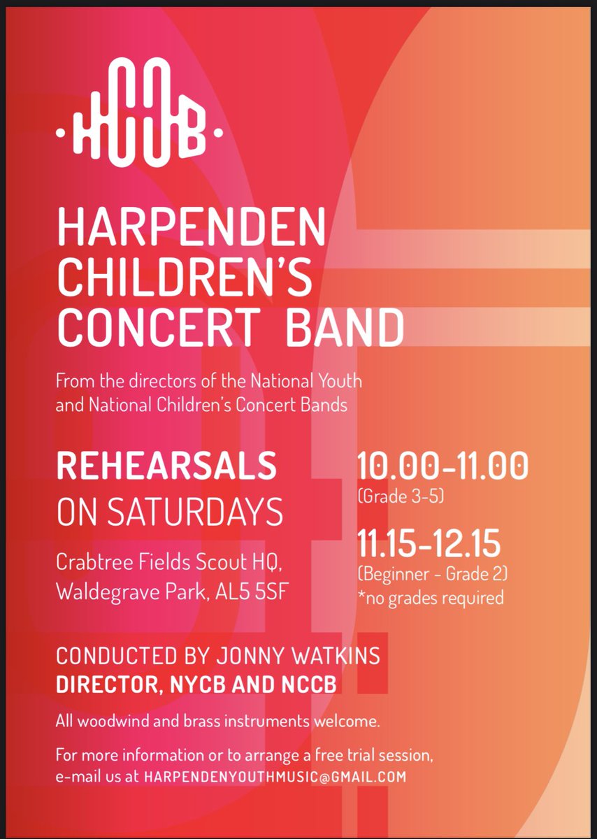 HarpendenCCB's tweet photo. Our new term starts this Saturday!! Any young woodwind and brass players who would like to join or come for a free trial, just email us at harpendenyouthmusic@gmail.com.
#harpenden #music #youthmusic https://t.co/6eDEhiq7Vc