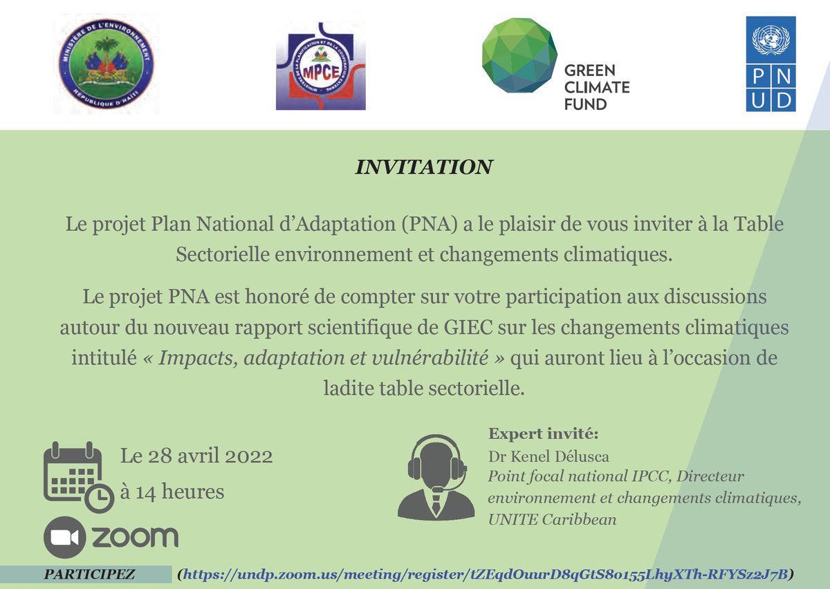 Notre Directeur Environnement et Climat, <a href="/KENELDELUSCA/">KENEL DELUSCA</a>  interviendra lors de discussions organisées le 28 avril à 14h par le projet Plan National d’Adaptation en Haïti autour du rapport scientifique de GIEC sur les changements climatiques. S'inscrire ici: undp.zoom.us/meeting/regist…