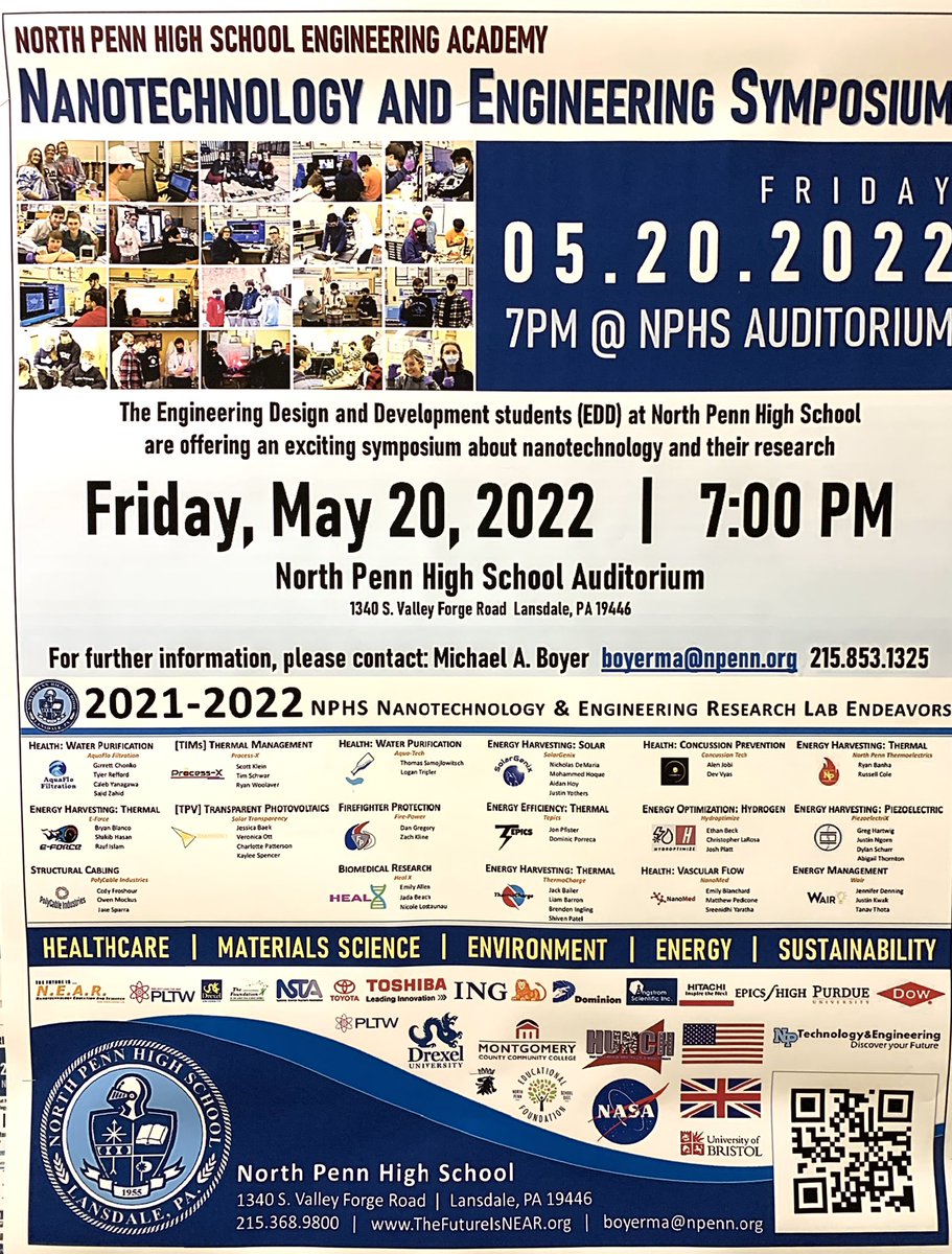 Come join us and learn about our engineering seniors and their research! May, 20th at 7pm, North Penn High School.