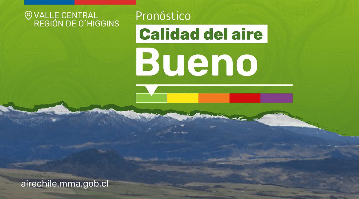 SeremiMA6's tweet photo. Informamos que el pronóstico de la calidad del aire para el 27 de abril en el Valle Central de O´Higgins es: Bueno
Les recordamos que desde el 1 de abril hasta el 31 de agosto se desarrollará la Gestión de Episodios Críticos (GEC) en las 17 comunas del valle central de #OHiggins https://t.co/jhgLqvBUtd