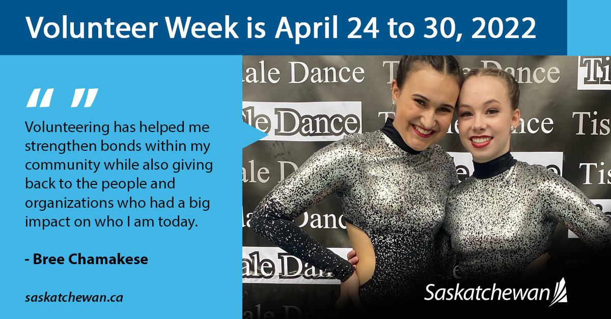 SKGov's tweet image. We are celebrating National Volunteer Week!  Bree Chamakese, Youth Council Member, has been a member of Melfort &amp;amp; Unit Comprehensive Collegiate student council for years and volunteers at the Melfort Dance Center, where she loves helping the younger dancers.#sasked