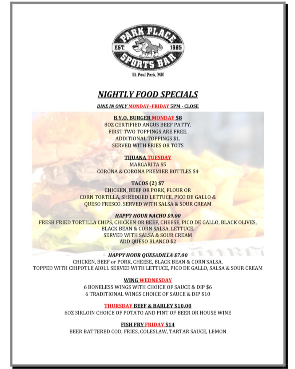 ParkPlace2's tweet image. Tijuana Tuesday Specials 5-10pm. Beer, drink &amp;amp; food specials. #wildhockey #twinsbaseball #wolvesbaseball