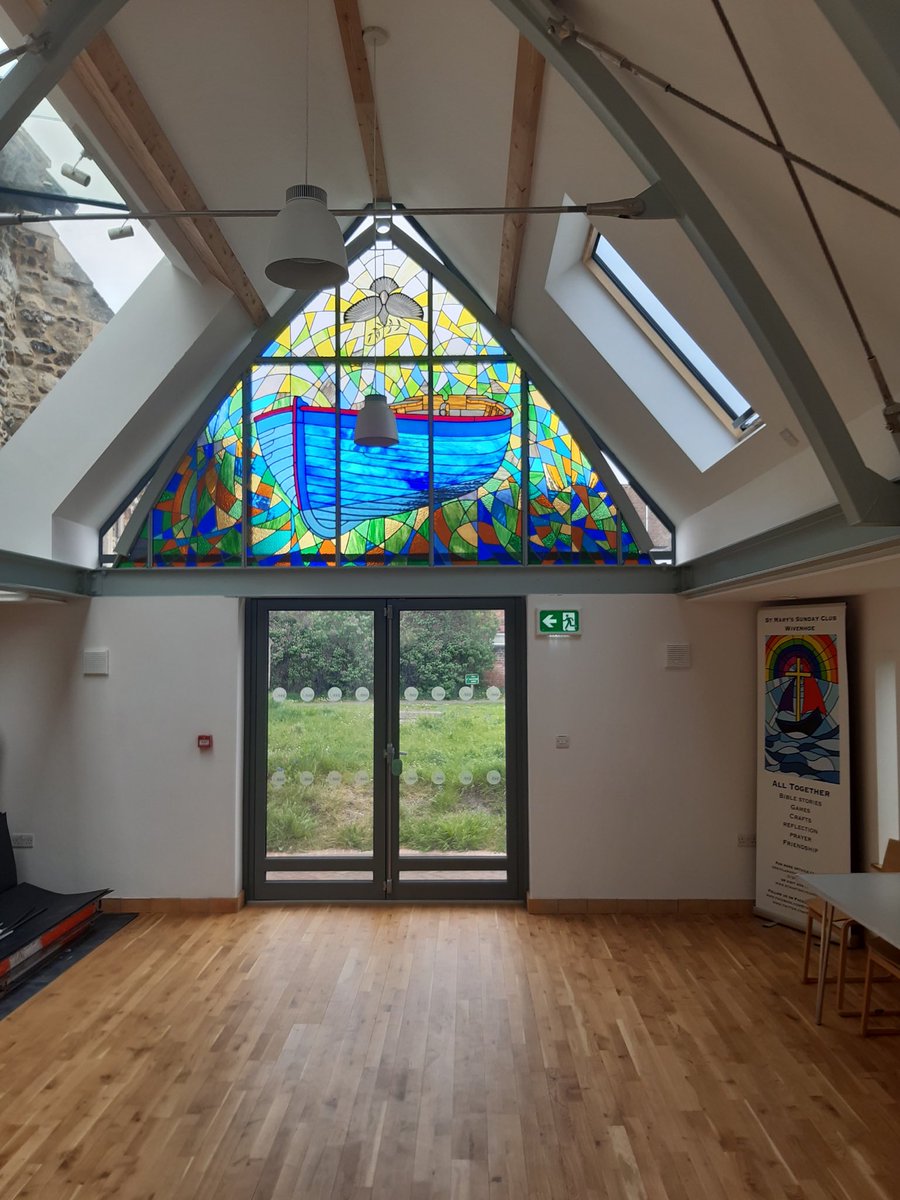 DouglasMcCormi4's tweet photo. The final piece in St Mary’s, Wivenhoe Transformation Project - the stained glass window designed by artist James Dodds and made by Andy Brooks stained glass artist now in place. Thanks to the many many people who have made this possible! https://t.co/FXNK61Fpwm