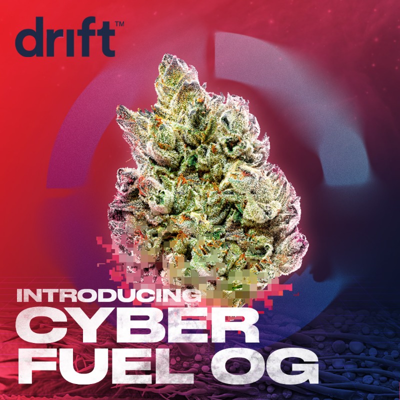 drift_cannabis's tweet photo. Unlock 2 new futuristic strains by Drift. Select from Alien Cake 3030  Cyber Fuel OG. Explore new, rare flavours, unreal bud structures and colours. 20-26% THC. Escape today with the strains of tomorrow.