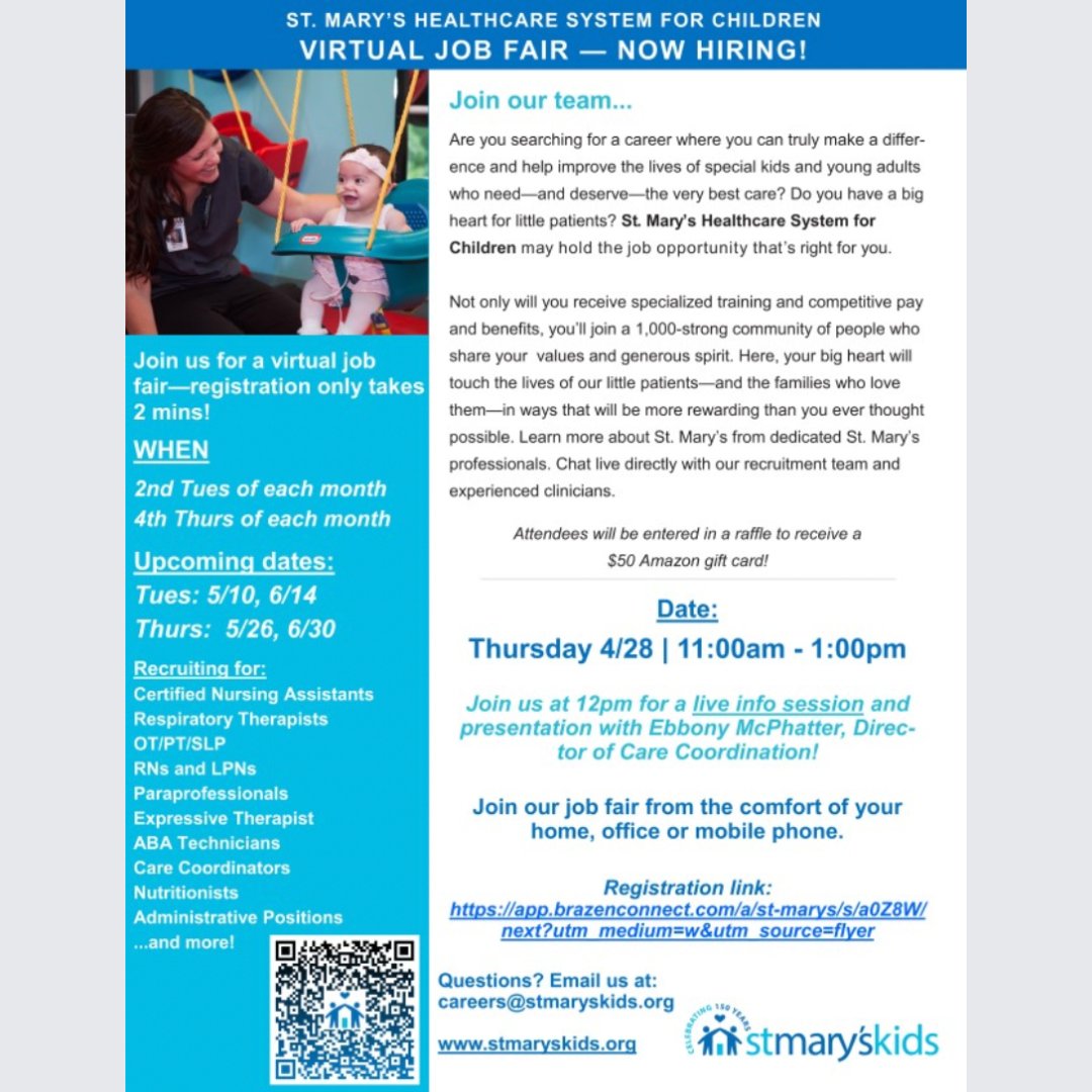 St. Mary Healthcare System for Children is hosting a virtual job fair!

To RSVP:
ow.ly/qWK250ISUcl