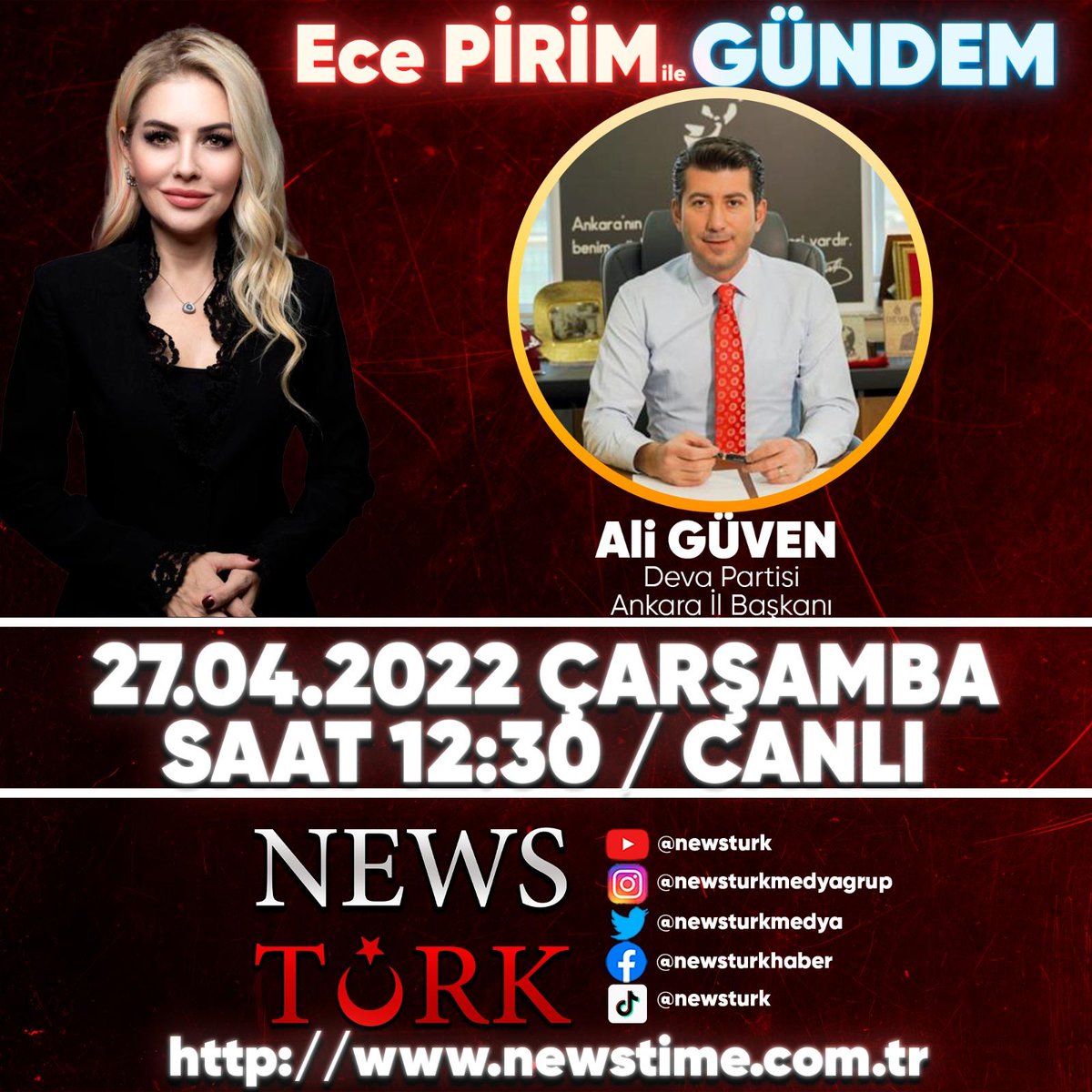 İl Başkanımız Ali Güven, News Türk radyo yanınında ‘Ece Pirim ile Gündem’ programına konuk oluyor.💧

📺 YouTube/ newsturk
🗓 27 Nisan, Yarın
🕛 12.30

@NewsTurkMedya @EcePirim1 @aliguven_06