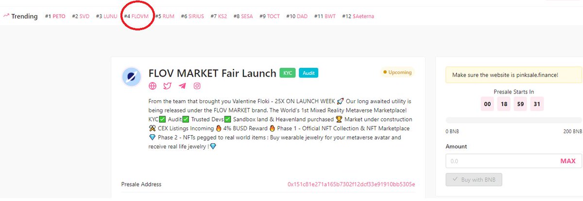 #FLOVM just under 20 hours until our fair launch presale goes live on PINKSALE!

Our presale pool hasn't even begun and we are already top 4 trending! 

Join us on telegram and follow all the hype!

pinksale.finance/#/launchpad/0x…

#bnb #presale #pinksale #BinanceBlockchainWeek