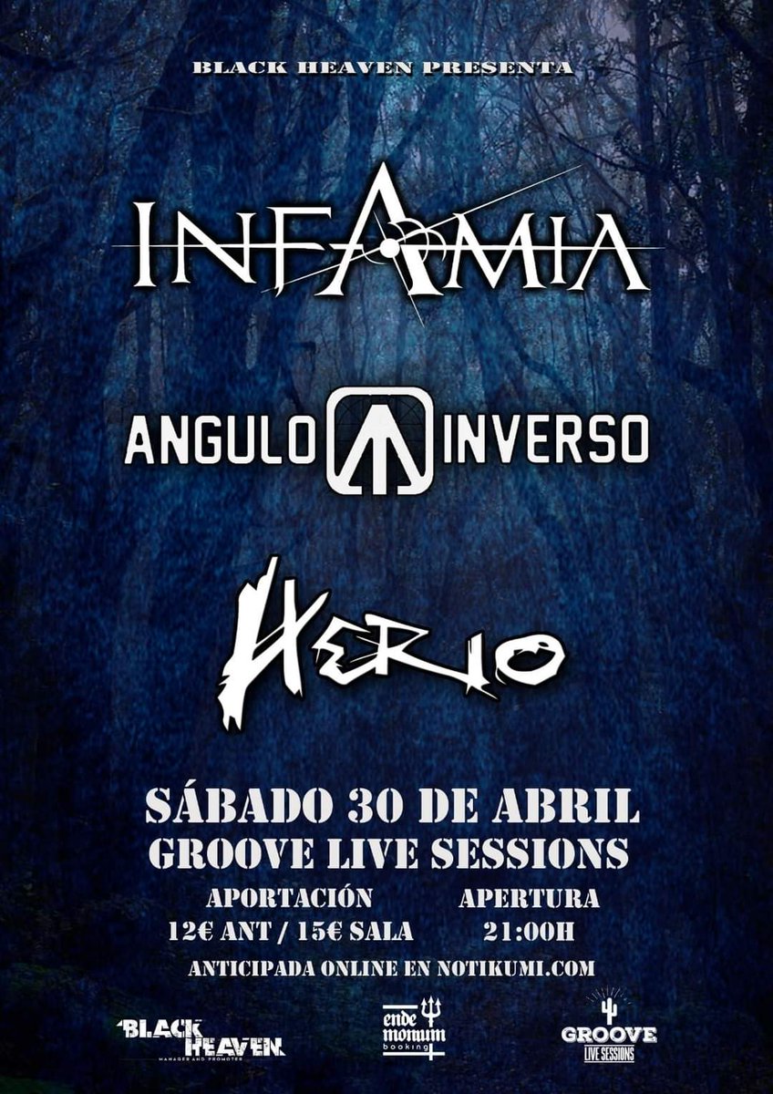 ⚡ Concierto ⚡
El próximo sábado 30 de Abril estarán tocando las bandas <a href="/Infamia_Metal/">Infamia</a>, <a href="/angulo_inverso/">Angulo Inverso Rock</a> y Herio en la sala Groove Live Sessions de Portugalete
Entradas a la venta:
notikumi.com/2022/4/30/infa…