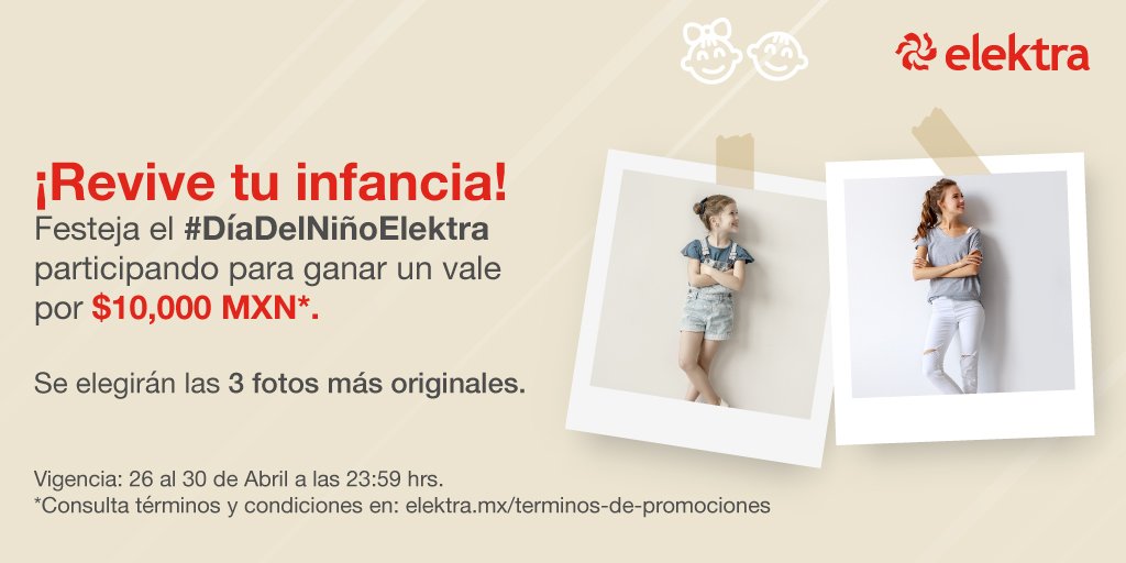 ElektraMx's tweet photo. Echa un ojo a tu álbum de la infancia y recrea tu foto favorita.
1) Comparte en este post tus fotos del antes y después con #DíaDelNiñoElektra 
2) Etiqueta a @ElektraMx 
3) Síguenos en todas nuestras redes sociales
Consulta términos y condiciones en: https://t.co/2ecWd870gx https://t.co/vNffvDyi47