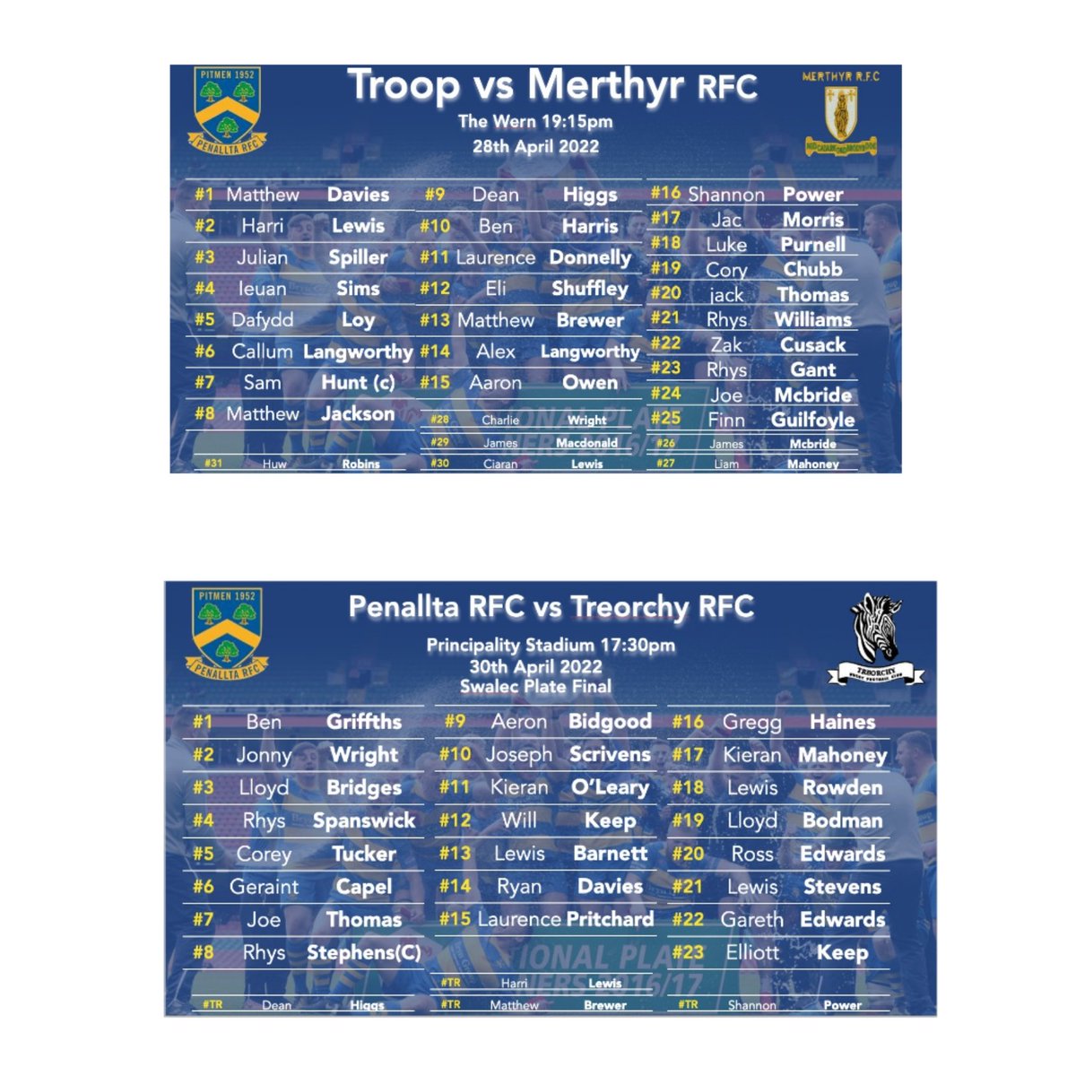 This Week's Action! 

Thursday 7.30pm
<a href="/RFCMerthyr/">Merthyr RFC 🏉</a> v <a href="/RfcTroop/">Penallta RFC Troop</a> 
(<a href="/middistrictru/">Mid District RU</a> Ivor Williams Semi Final)

Saturday 5.30pm 
<a href="/TreorchyZebras/">Treorchy RFC 🦓</a> v <a href="/PenalltaRugby1/">Penallta RFC</a> 
(<a href="/WRU_Community/">WRU Community - Wrth galon y genedl</a> Plate, <a href="/principalitysta/">Principality Stadium</a> )

#supporttheboys #diggingdeepsince1952