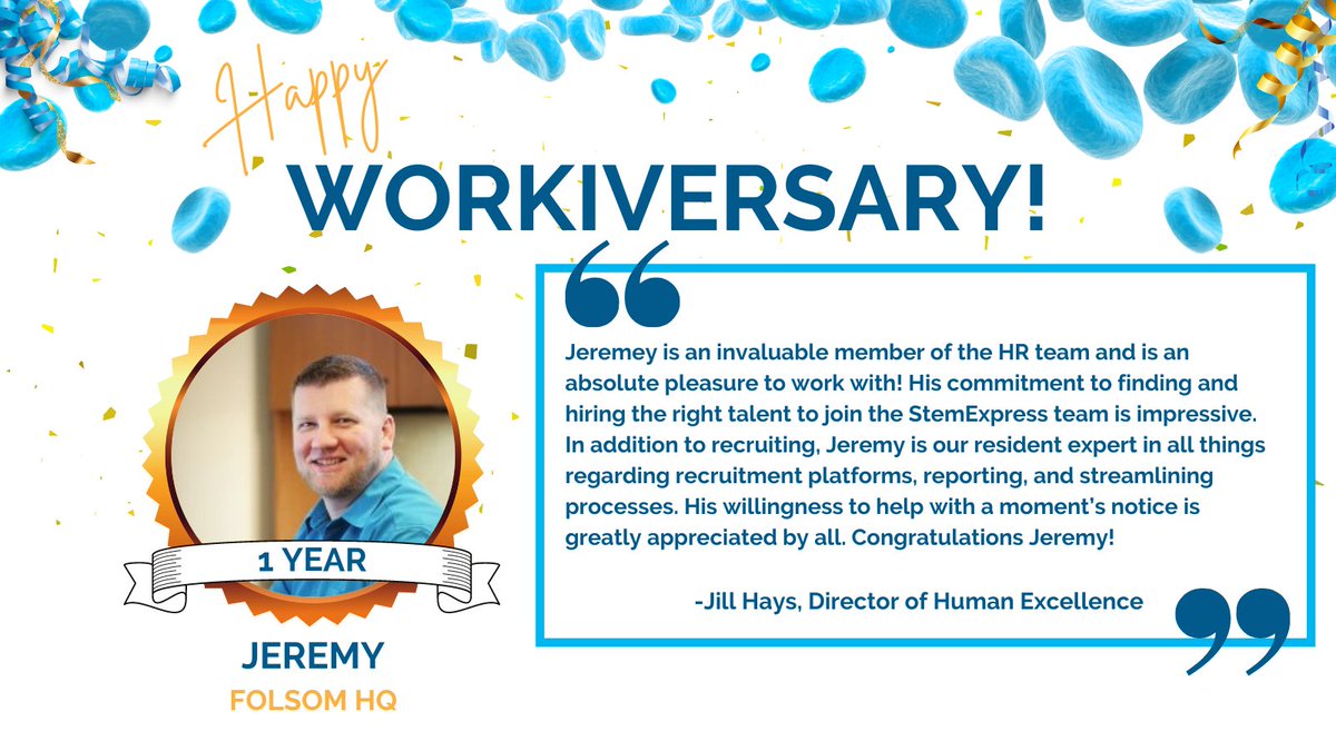 CGT_Global's tweet image. Please join us in celebrating Jeremy's one-year workiversary at StemExpress!

#StemExpress #team #workiversary #biotech #cellandgenetherapy