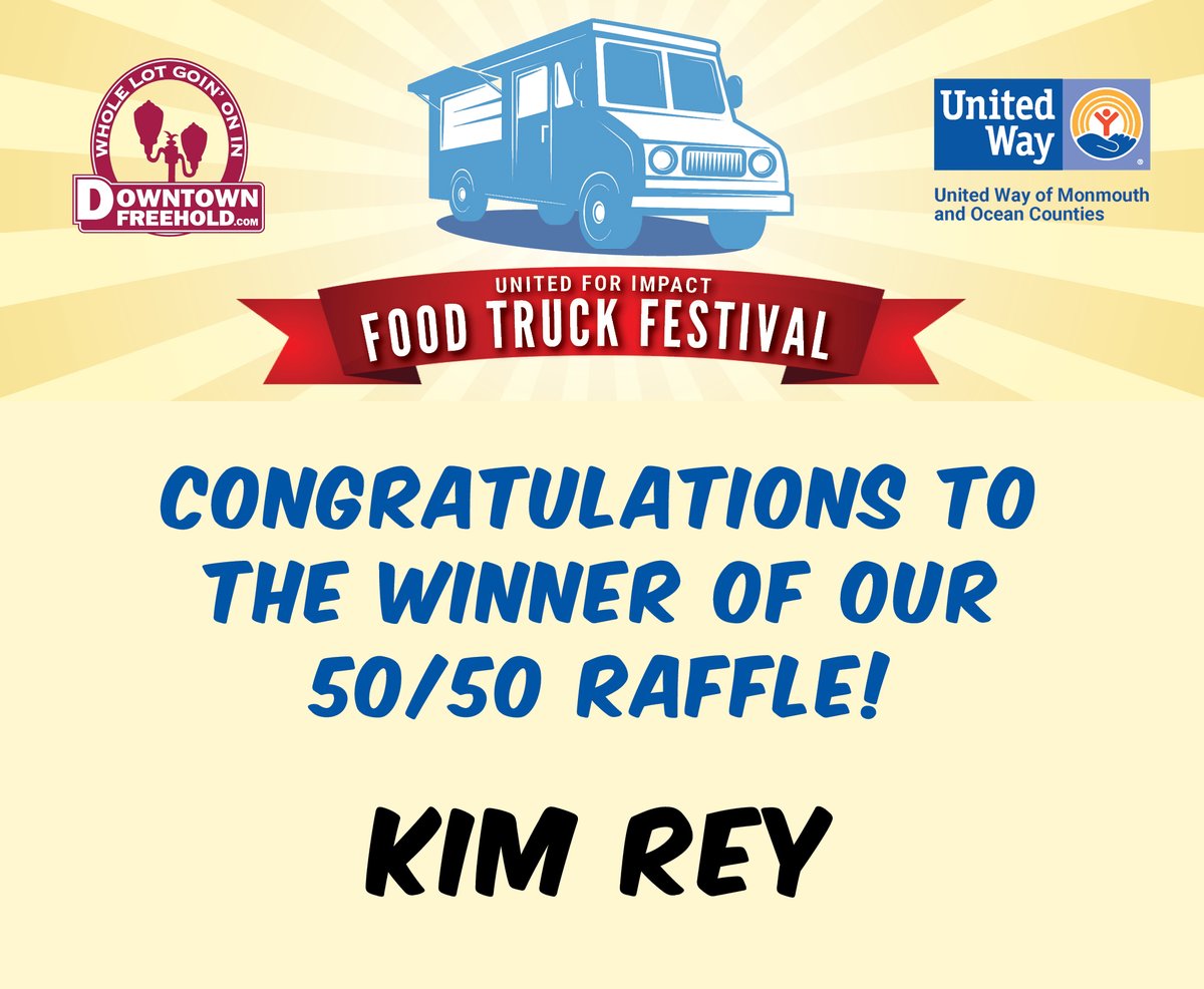 UWMOC's tweet photo. Congrats to our United for Impact Food Truck Festival 50/50 Raffle winner, Kim Rey! 🎉💰 Kim will receive 50% of the $1,441 pot, with the rest of the proceeds supporting UWMOC’s mission. Thanks to all who participated!
#UnitedforImpact #UWMOC #LiveUnited #DowntownFreehold https://t.co/0YD4t5dAtl