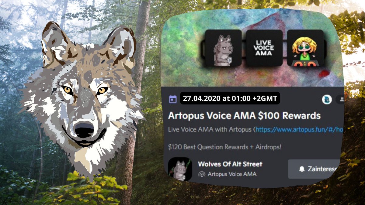 AdsSocialASX's tweet image. Join  Woas × Artopus AMA today!
01:00 +2GMT 27.04.2022
@WolvesAltStreet 

The team is giving out $ 100 BUSD to the 5 best questions and there will be airdrops during the AMA!
discord.gg/BFa4HarE?event…

#AMA #NFTCommumity #NFTworld #NFTCommumity