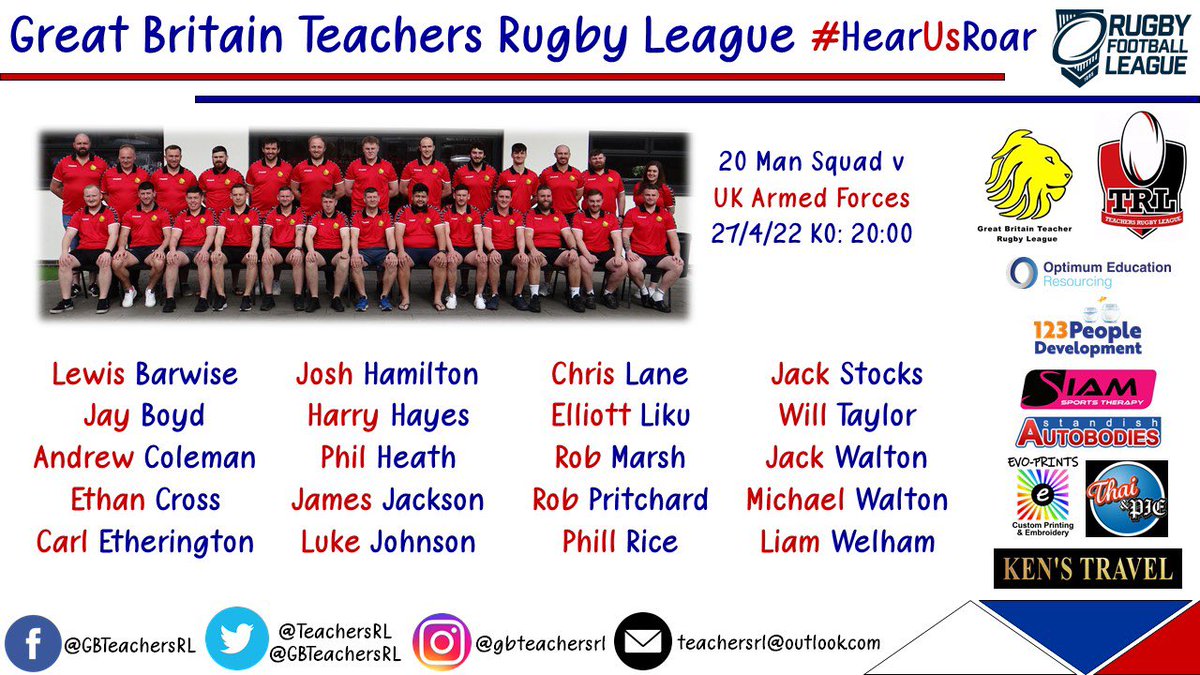 Teachers RL (@teachersrl) on Twitter photo Head Coach Martyn Ellis has announced his squad to take on the <a href="/ukafrugbyleague/">@UKArmedForcesRL</a> tomorrow evening at <a href="/LockLaneOpenAge/">Lock Lane ARLFC</a>. Kick off is at 8pm. Well done to all selected. Head Coach Martyn Ellis has announced his squad to take on the <a href="/ukafrugbyleague/">@UKArmedForcesRL</a> tomorrow evening at <a href="/LockLaneOpenAge/">Lock Lane ARLFC</a>. Kick off is at 8pm. Well done to all selected.
