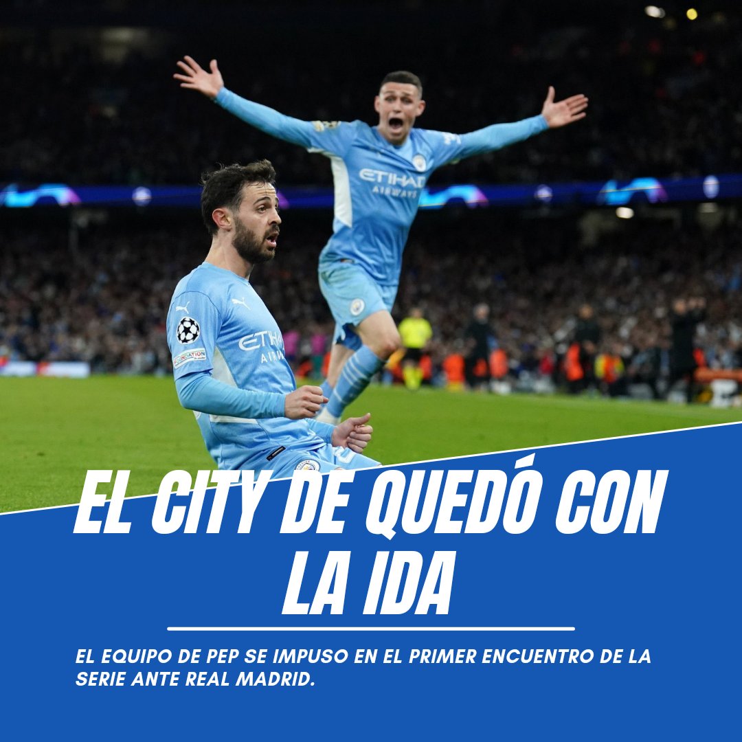 Hattrick031's tweet photo. #ChampionsLeague EL CITY SE QUEDÓ CON LA IDA

Fue victoria para el #ManchesterCity por 4-3 ante #RealMadrid.

⚽️ #DeBruyne, #GabrielJesus, #BernardoSilva y #Foden marcaron en el equipo de Pep, mientras que #Benzema x2 y #ViniciusJr lo hicieron en el conjunto merengue. https://t.co/J6WyhRXWuC