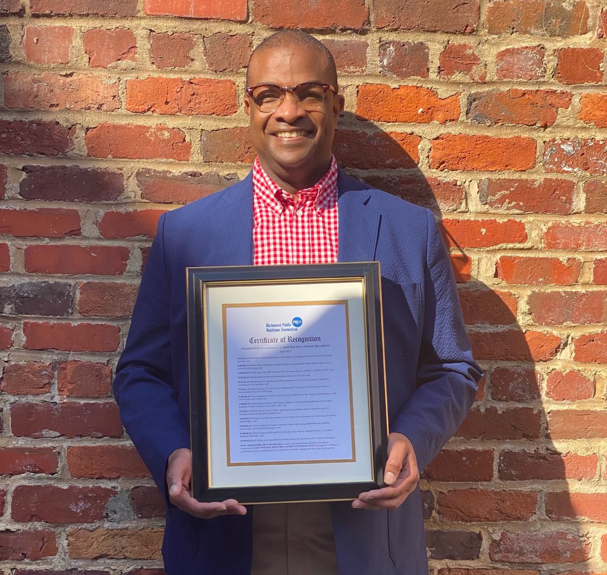 PRSARVA's tweet photo. There were handshakes, hugs and long-awaited reunions as the Richmond PR Foundation celebrated the Jeff Wilson, APR Scholarship of Excellence last week. The Foundation presented Jeff with a certificate to honor his commitment to the profession and ongoing support of students. https://t.co/WABNwY19N9