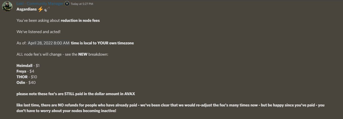 Asgardians ⚡️🔨

You've been asking for a reduction in the monthly node fee for a while. We've taken it all in, listened, and acted! 

NODE FEES HAVE BEEN REDUCED!🥳

Heimdall: $1/month
Freya: $4/month
Thor: $10/Month
Odin: $40/Month 

New fees take effect: April 28th @ 12pmUTC👀