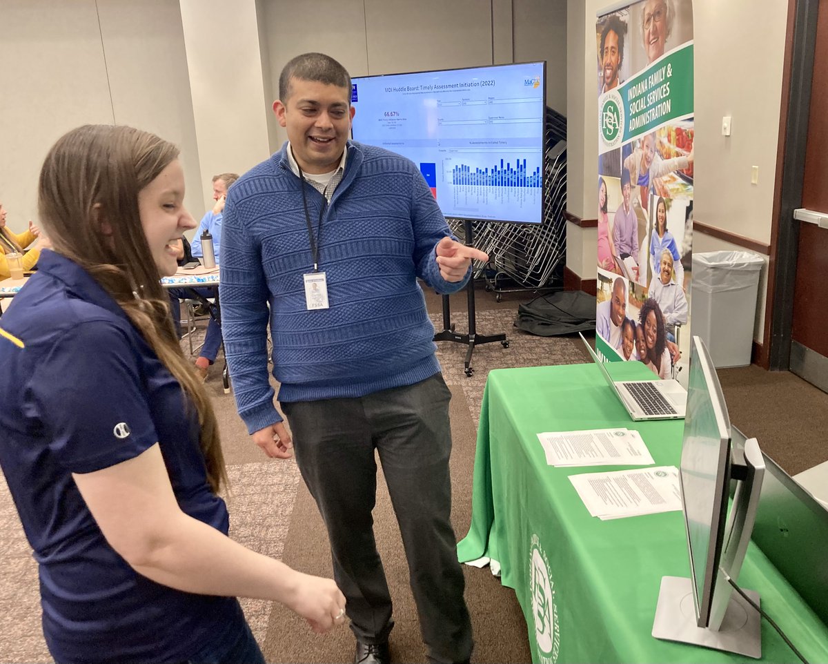 Thank you to everyone who stopped by to see our crew at #DataDay5! In these pics, Cristian Guandique and Matt Kirby from our Data and Analytics team show attendees how FSSA is using data to drive better health outcomes for Hoosiers. Kudos to <a href="/IndianaMPH/">IndianaMPH</a> on another great event!