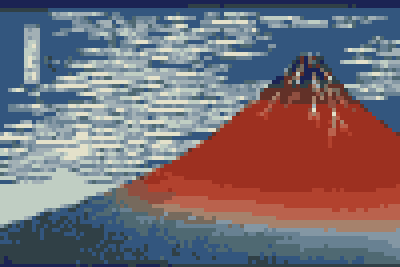 jay_kumogata's tweet photo. 葛飾北斎「富嶽三十六景」の「凱風快晴(通称: 赤富士)」を400x267ピクセル(4色/8色/16色)に量子化してみました．#2bits #3bits #4bits https://t.co/wG1eJkvEEv