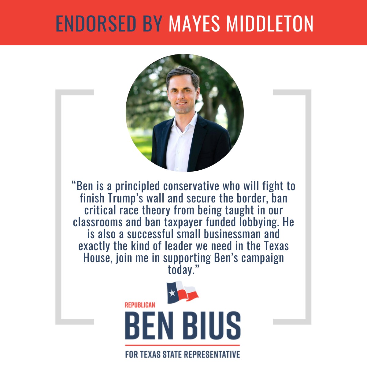 BenBiusTX's tweet photo. Endorsement Alert:

Rep. Mayes Middleton Endorses Ben Bius!

"I am honored to receive Representative Middleton's endorsement and I look forward to the opportunity to work with him in the upcoming legislative session."
  -Ben Bius https://t.co/vV46pRDgkT