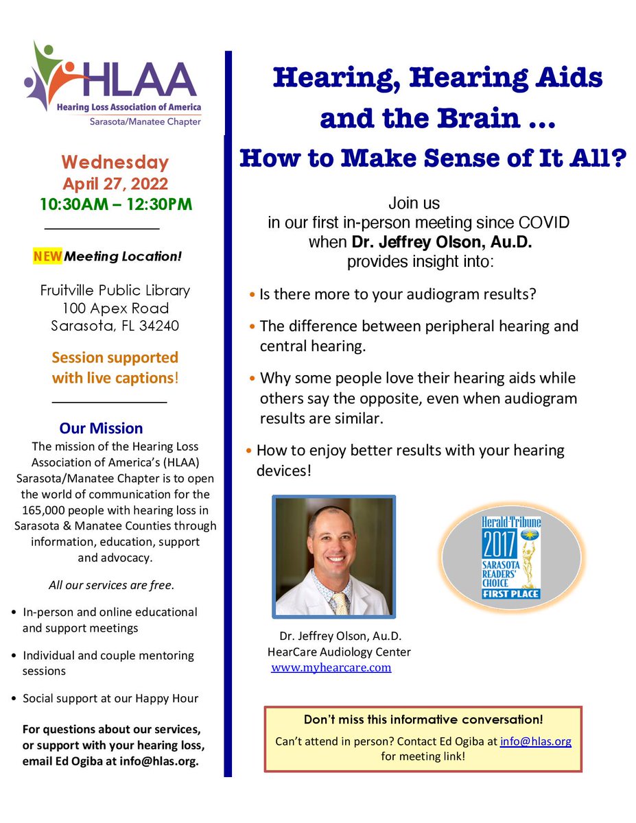 dhagner's tweet photo. HLAA Sarasota - First Hybrid meeting tomorrow (Wednesday) at 10:30 am - https://t.co/LgJX7rf3rS https://t.co/Sr9YzyZ31Z