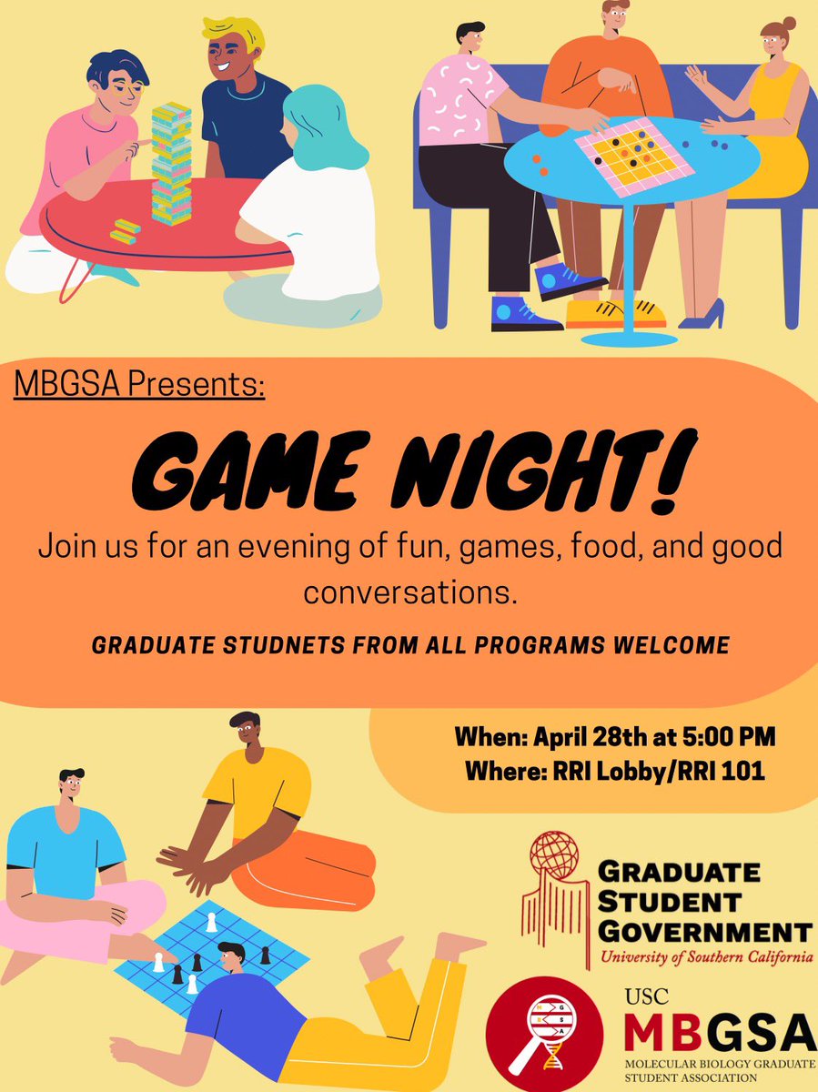 Hope you are all doing very well this semester! As we are reaching the end of this semester, MBGSA is excited to announce that we will hold a board game night at 5 pm on April 28th (This Thursday) in RRI 101 and RRI Lobby. We will provide games and food, come to join us!