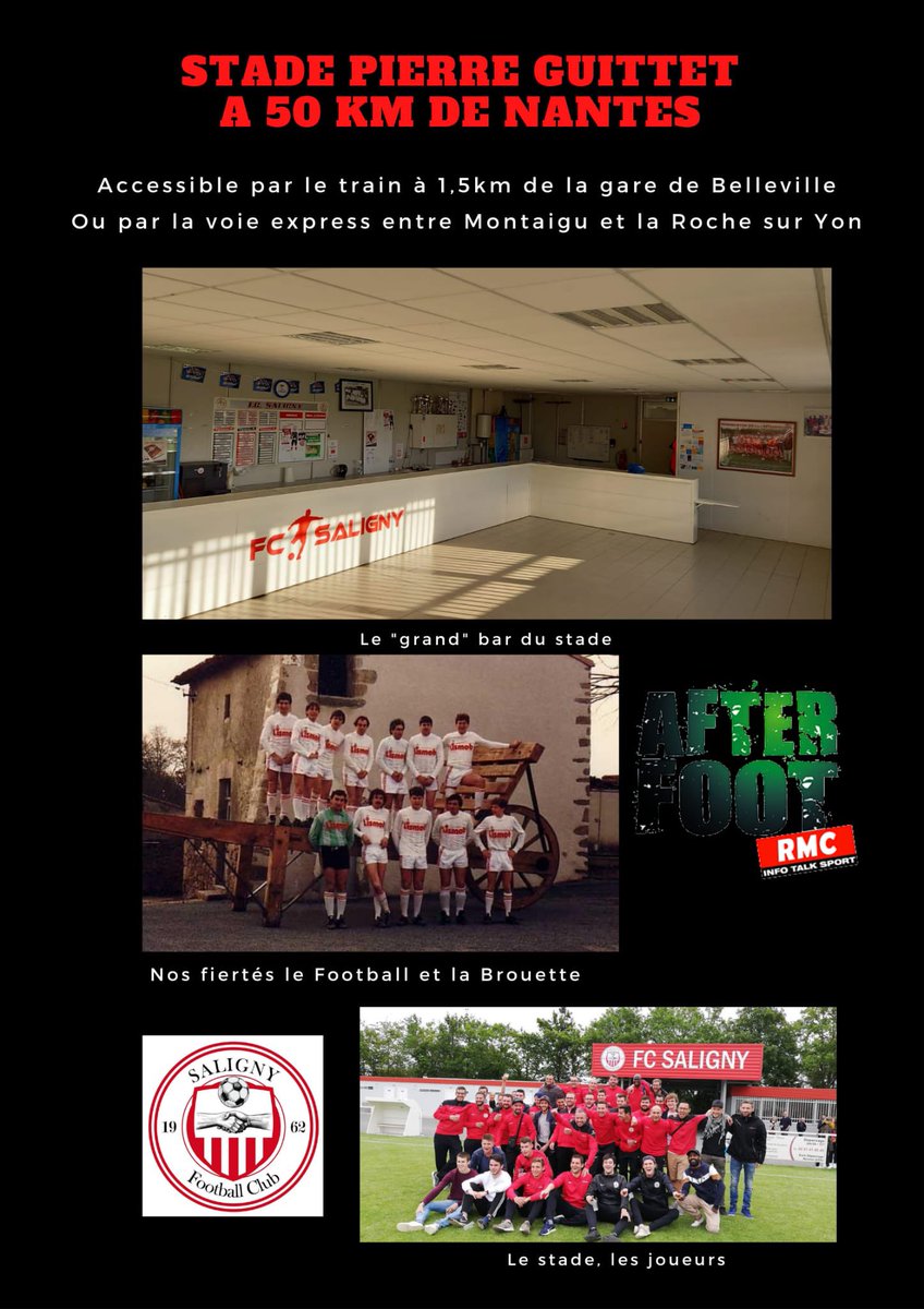 fc_saligny's tweet photo. Et si #lafterestdanslepre débarquait au @fc_saligny dans la campagne vendéenne? 
D’après @sofoot  et @DayVrai nous sommes le club le plus convivial de France 🎉
On vous attend donc le 15 juin près de Nantes pour parler ballon rond et football amateur avec vous @AfterRMC ⚽️ https://t.co/k9C4w2TXyB