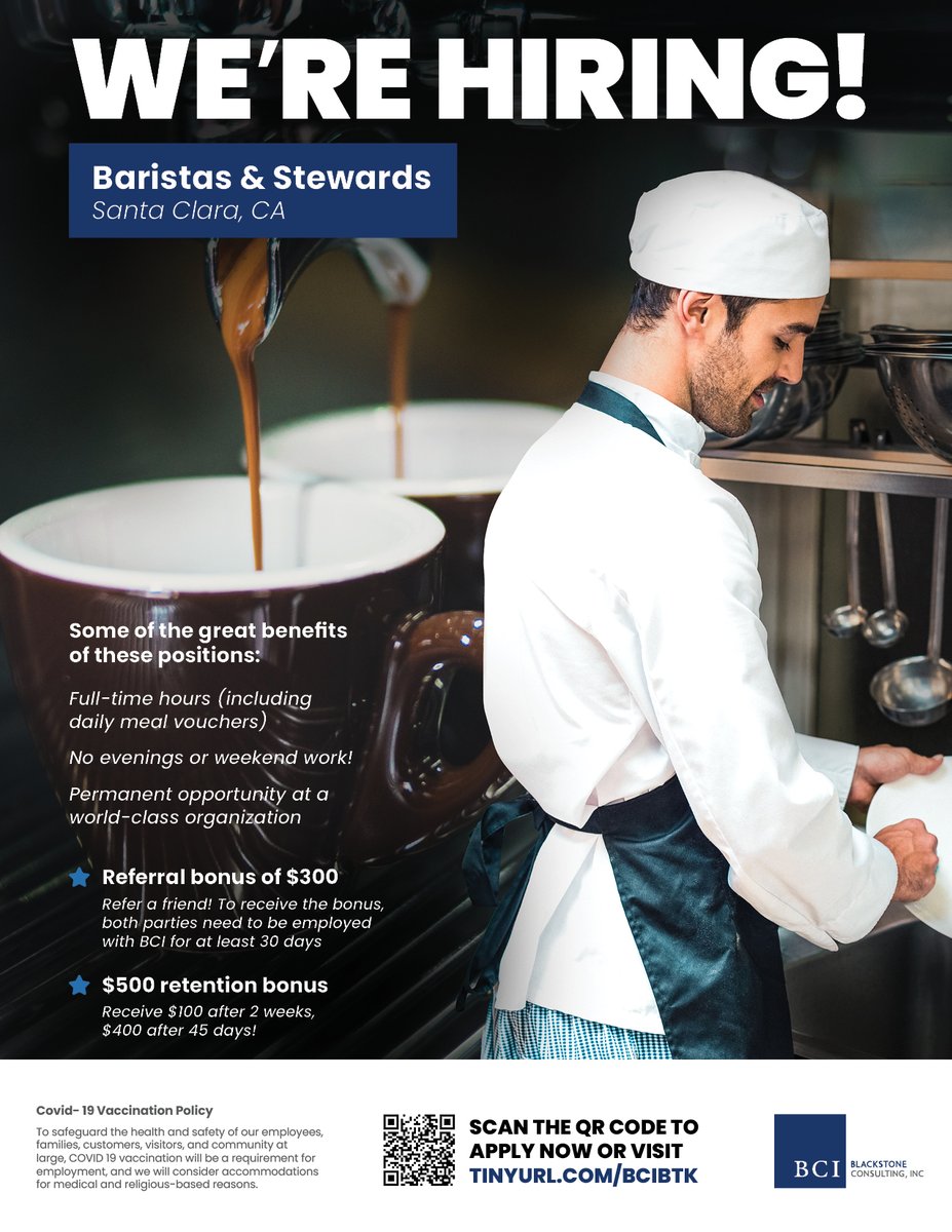 BCI is currently hiring Baristas and Stewards for a high-profile tech company in Santa Clara, CA! Scan the QR or visit tinyurl.com/bcibtk to apply, don't miss out on our bonus offers too!

#joinbci #food #barista #siliconvalley #jobsearch #jobs #job #career #hiring #BONUS
