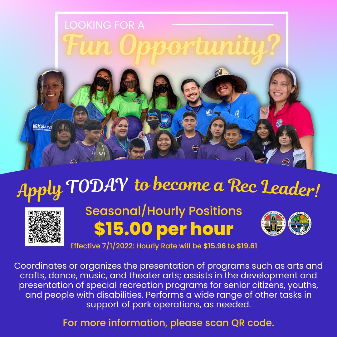 LACo_DPSS's tweet photo. If youβre looking for a FUN job, #LACountyParks has several openings for Recreation Leader! Help others have fun through dance, crafts, music, theater arts and more! Scan the QR code to apply TODAY!
#recleader #summerjob #job @lacountyparks @CountyofLA https://t.co/BE3IRgWjZg