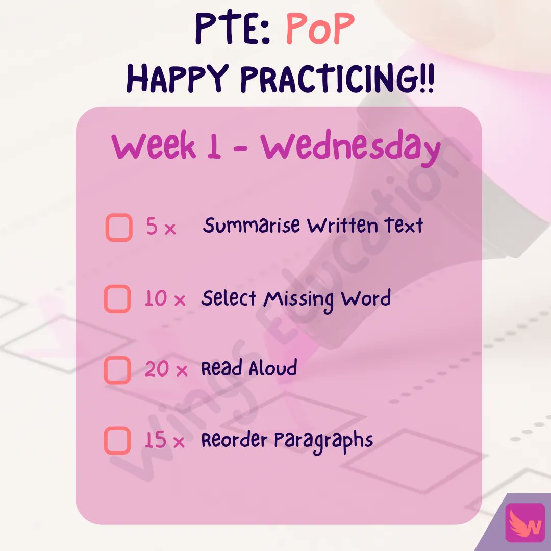 wingseduau's tweet photo. The PoP (Plan of Practice) for Wednesday of Week 1 is attached to this post. Make sure to follow along during your studies and check off when you have completed them! ✅ #planofpractice #ptestudy #pte #nursing #wingseducation https://t.co/QRqKYSLp8A