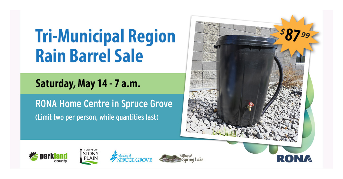 Get a rain barrel (or two!) at #TriMuniRgn #RainBarrelSale on May14 at RONA Home Centre in #SpruceGrove! Sale starts at 7am, 2 per person, while quant. last #StonyPlain #ParklandCounty #VillageofSpringLake sprucegrove.org/RainBarrelSale