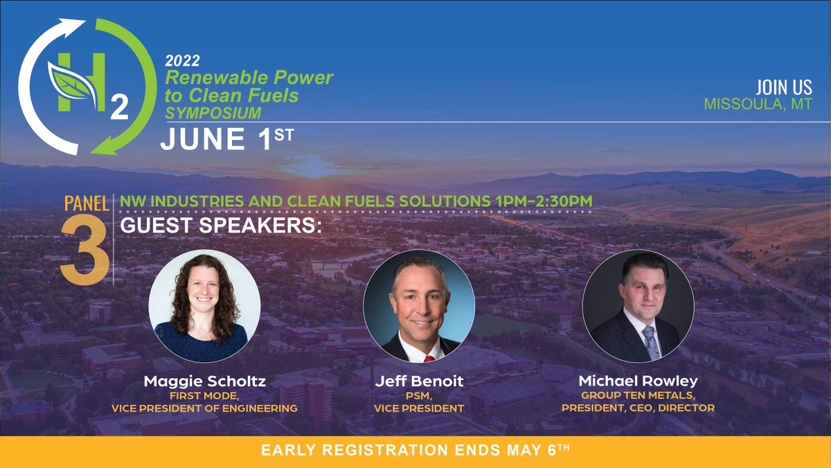 Renewable_H2's tweet photo. Renewable Power to Clean Fuels Symposium 2022 speaker announcements are out: @FirstModeHQ, PSM -a Hanwha company, and @GroupTenMetals. Join us on 6/1 in Missoula, Montana, or virtually. Sign up here: https://t.co/9yofqzrWjJ
#RHASymposium #Hydrogen #H2 #Mining #FuelCell #Montana https://t.co/ZaFgarjqMH