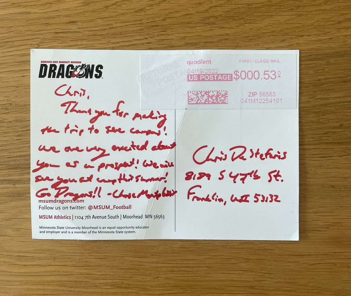 Chris DeStefanis (@chrisdestefanis) on Twitter photo Thank you @CoachChaseMont for the handwritten letter! Can’t wait to be back on campus this summer! <a href="/msum_football/">MSUM Dragon Football</a> Thank you @CoachChaseMont for the handwritten letter! Can’t wait to be back on campus this summer! <a href="/msum_football/">MSUM Dragon Football</a>